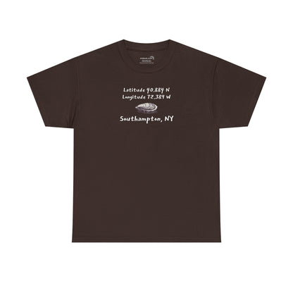 Brown t-shirt with oyster graphic and text "latitude and longitude - Southampton NY"