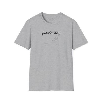 Gray unisex t-shirt with 'Halcyon Days' text and palm tree beach graphic 