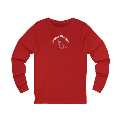 Red long-sleeve shirt with a snowman tipping a hat and text "Freeze the Day" by 515Gear.com
