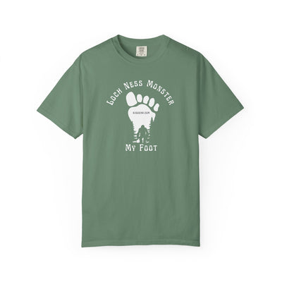 Comfort Colors green t-shirt with black graphic of a foot with Big Foot inside and text "Loch Ness Monster My Foot" by 515Gear.com