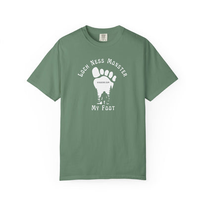 Comfort Colors green t-shirt with black graphic of a foot with Big Foot inside and text "Loch Ness Monster My Foot" by 515Gear.com