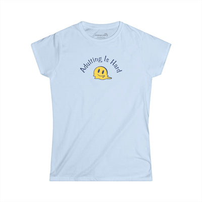 Light blue super soft v-neck Women's t-shirt with text Adulting is Hard and graphic of a melting smiley face