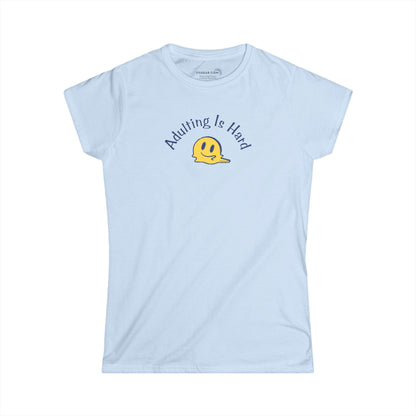 Light blue super soft v-neck Women's t-shirt with text Adulting is Hard and graphic of a melting smiley face