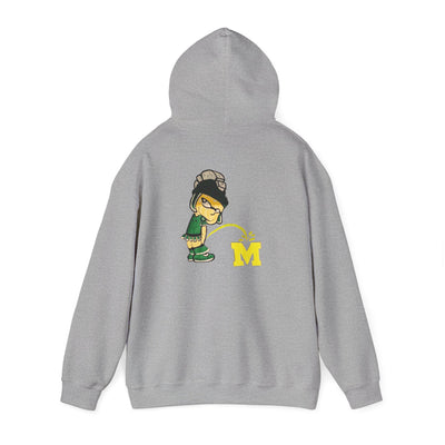 Gray hoodie with Sparty cartoon character peeing on a block M