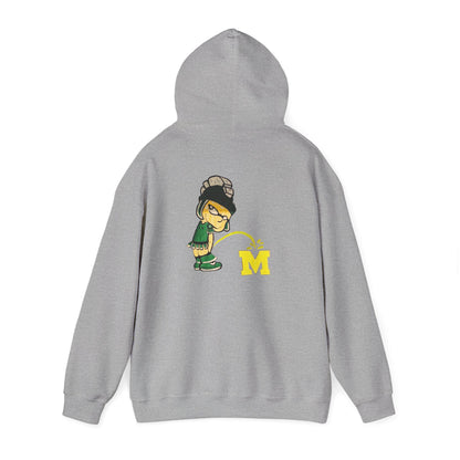 Gray hoodie with Sparty cartoon character peeing on a block M