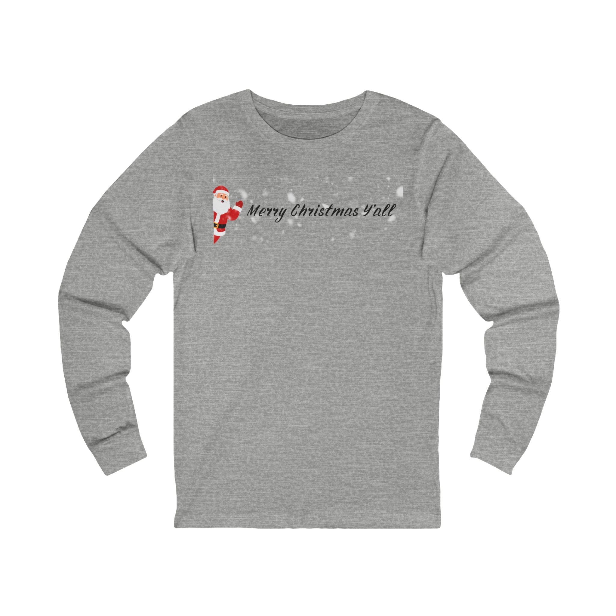 Gray long-sleeve shirt with Santa Claus graphic and 'Merry Christmas Y'all' text on a white background