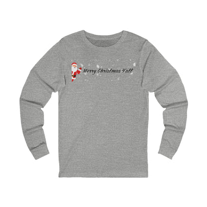 Gray long-sleeve shirt with Santa Claus graphic and 'Merry Christmas Y'all' text on a white background