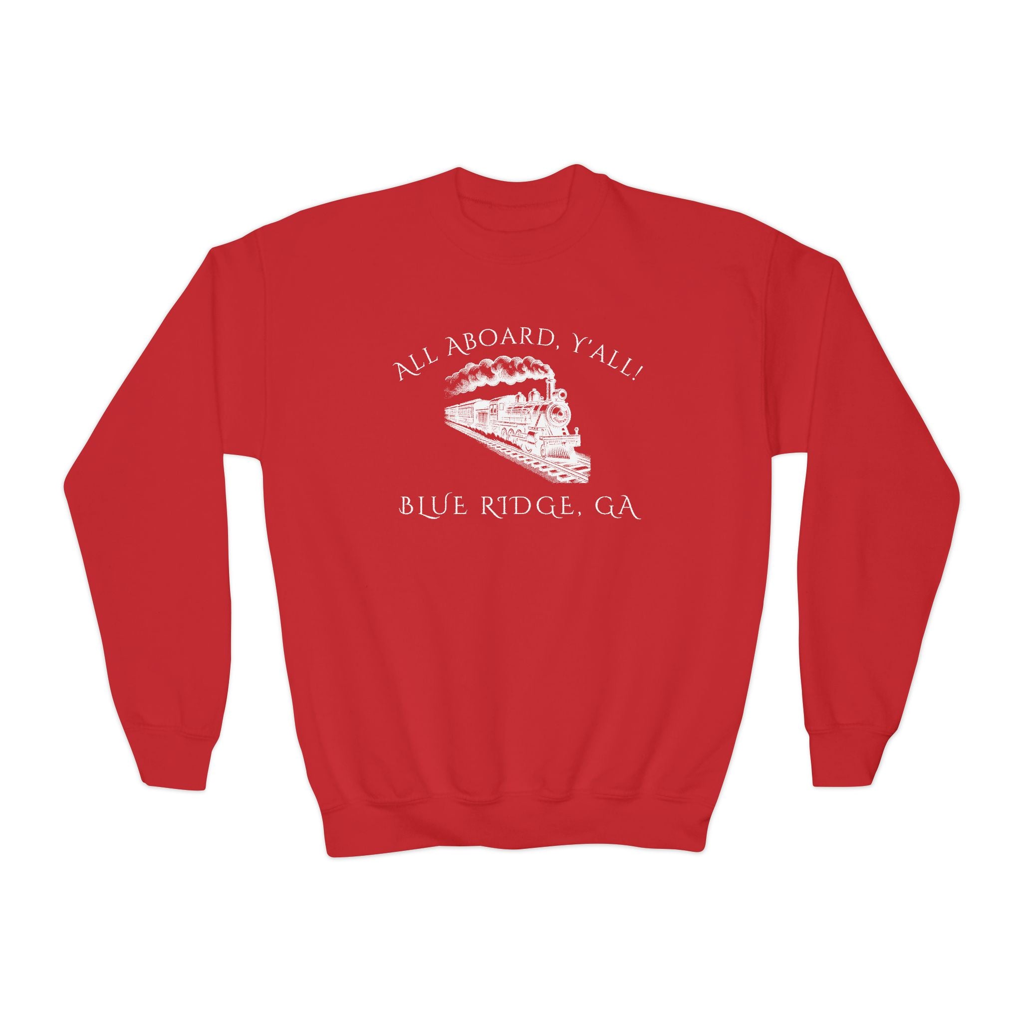 Red kids sweatshirt with train graphic and text "All Aboard, Y'all - Blue Ridge, GA" by 515Gear.com