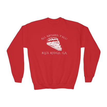 Red kids sweatshirt with train graphic and text "All Aboard, Y'all - Blue Ridge, GA" by 515Gear.com