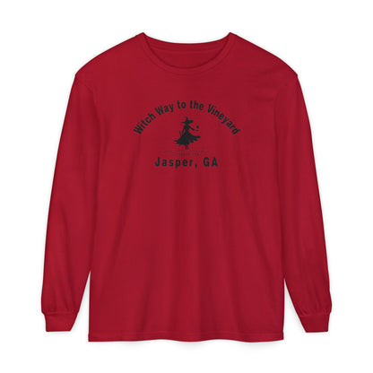 Red long sleeve t-shirt with sassy witch graphic holding a glass of wine and text "Witch Way to the Vineyard - Jasper GA" by 515Gear.com