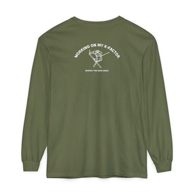 Green long-sleeve unisex Comfort Color t-shirt with ski jump graphic and text Working on my X-Factor Respect the Iron Cross