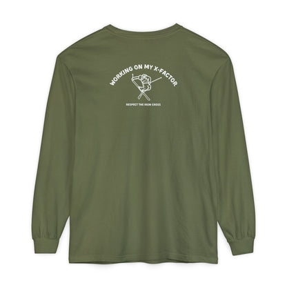 Green long-sleeve unisex Comfort Color t-shirt with ski jump graphic and text Working on my X-Factor Respect the Iron Cross