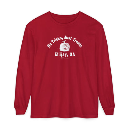 Red comfort colors long sleeve tee with Halloween-themed design "No Tricks, Just Treats - Ellijay, GA" by 515Gear.com