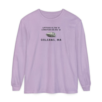 Purple long-sleeve shirt with Oyster graphic and text "Latitude 41.788 N, Longitude 69.991  Orleans, MA"