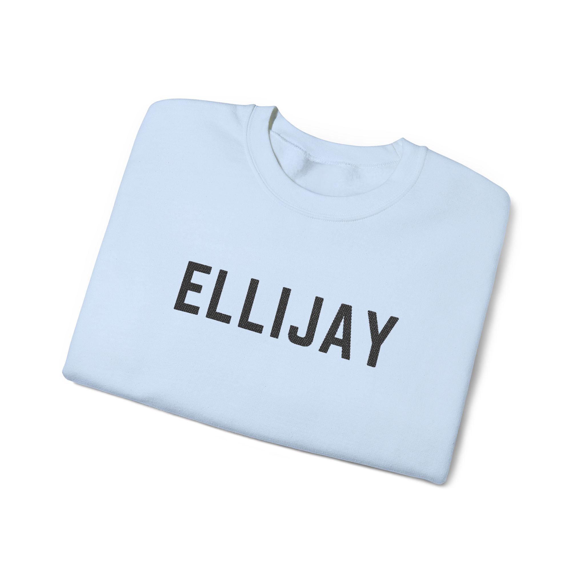 Light blue sweatshirt with 'ELLIJAY' embroidered on it, folded on a white background