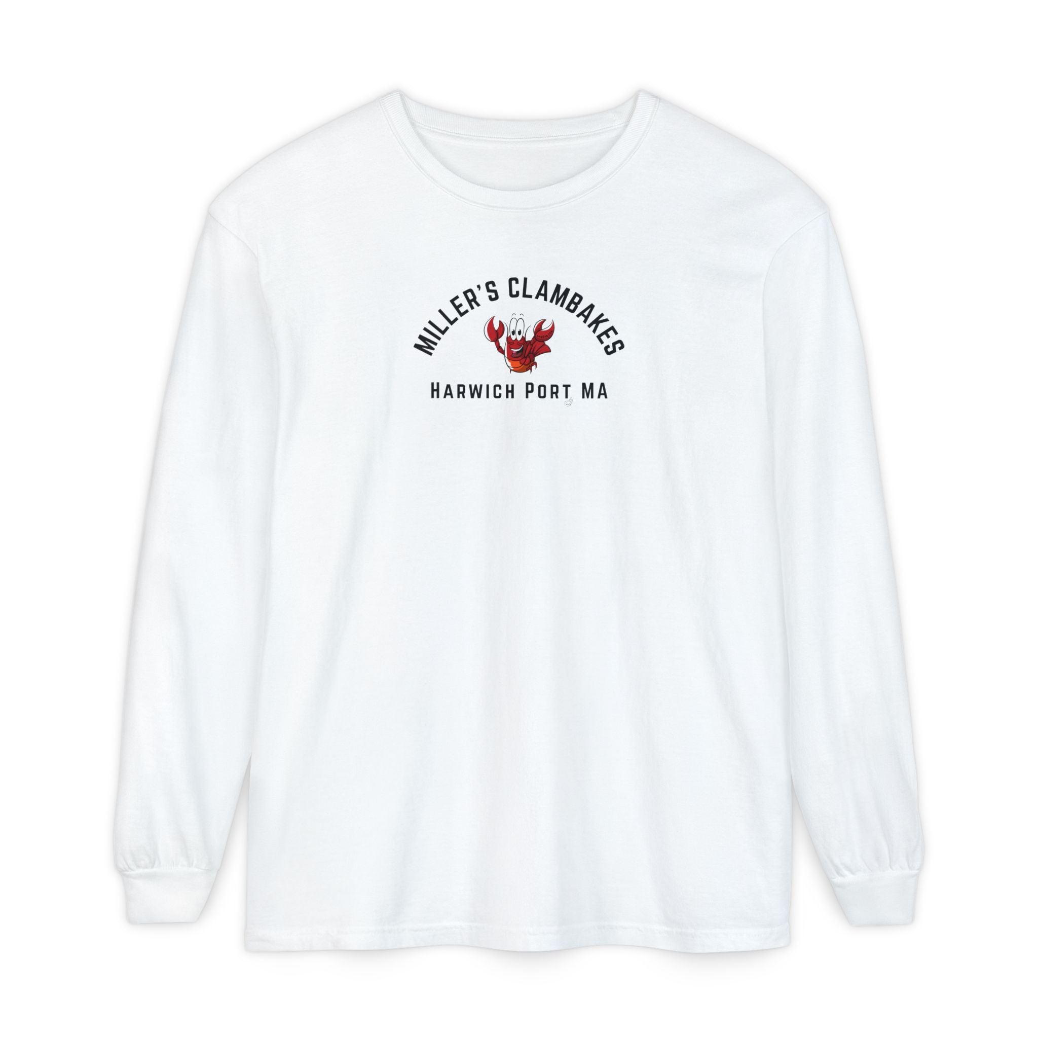 White sweatshirt with a happy lobster graphic and text "Miller's Clambakes Harwich Port, MA"