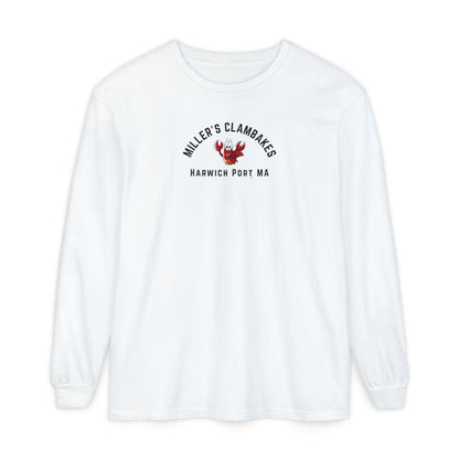 White sweatshirt with a happy lobster graphic and text "Miller's Clambakes Harwich Port, MA"
