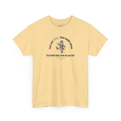 Yellow  t-shirt with July 4th dancing Uncle Sam and text 