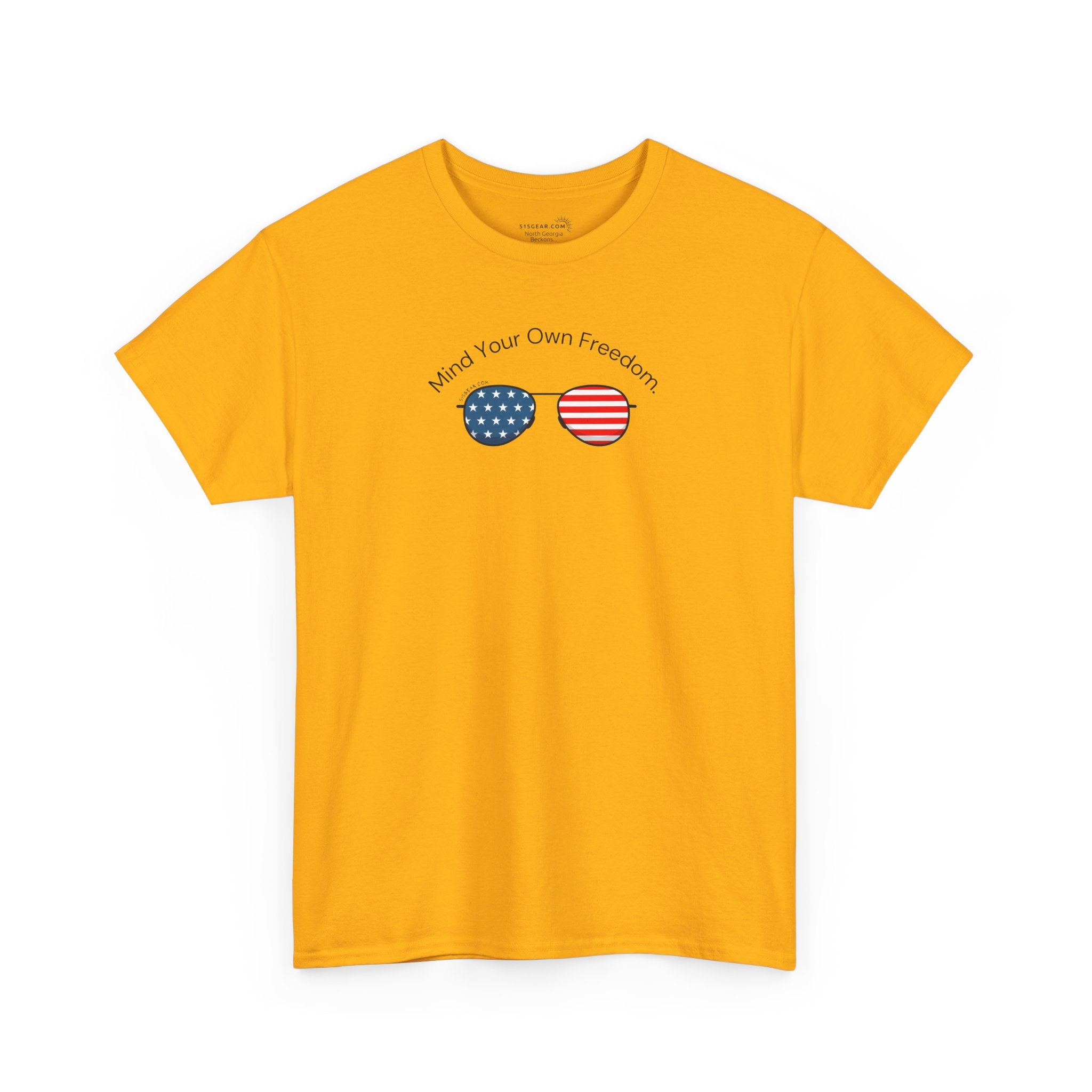 Yellow t-shirt with American Flag sunglasses and text "Mind Your Own Freedom"