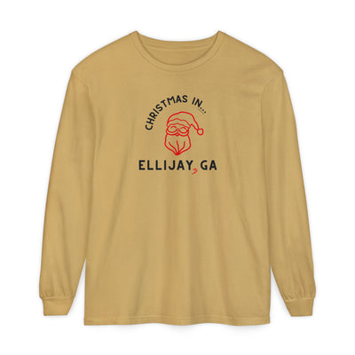 Mustard comfort colors long-sleeve shirt with happy Santa graphic and text "Christmas in... Ellijay, GA"