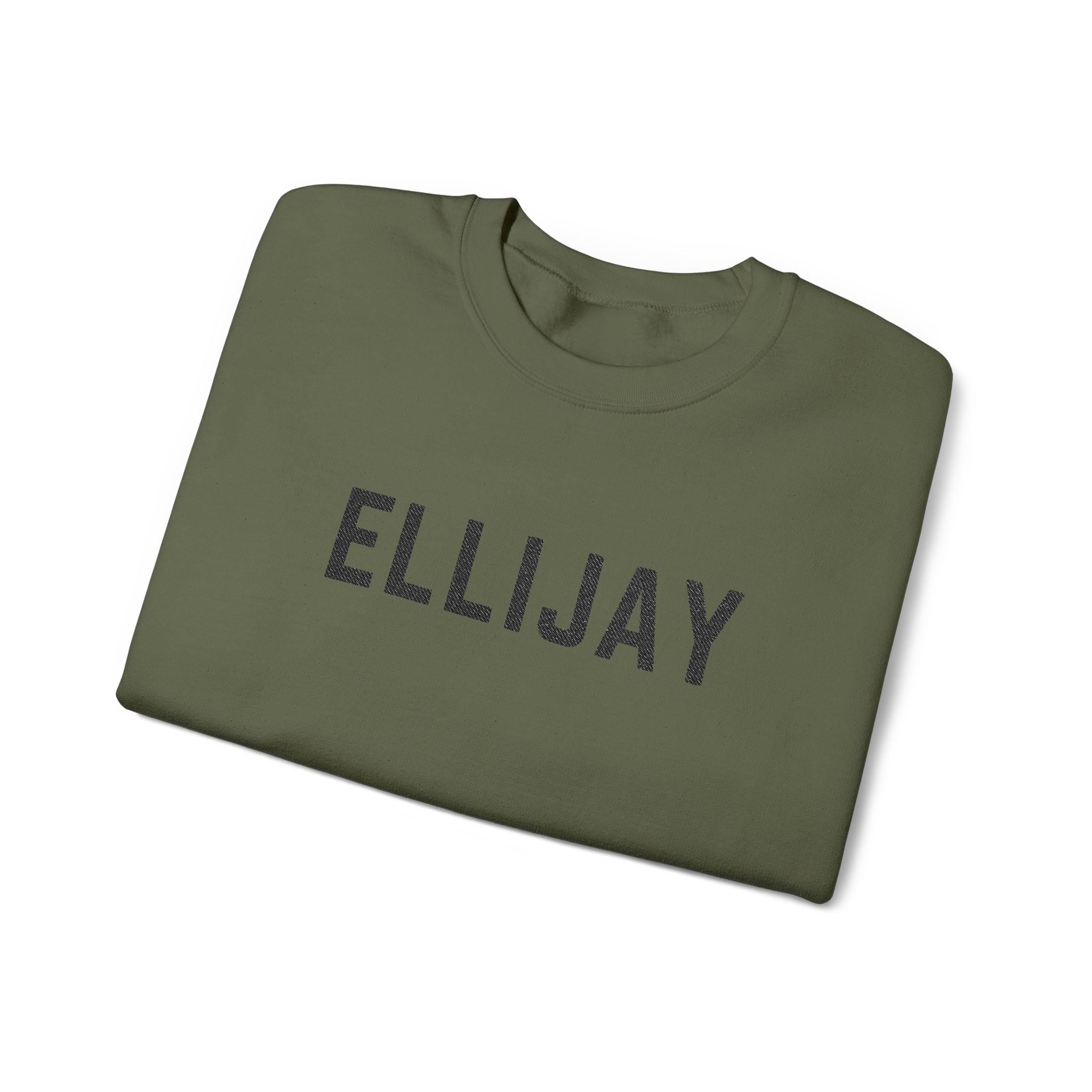 Folded green sweatshirt with 'ELLIJAY' embroidered on a white background