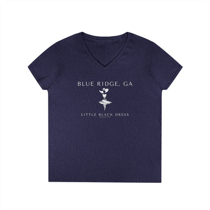 Navy blue v-neck t-shirt with stylish woman in a dress and fancy southern hat and text "Blue Ridge, GA. - Little Black Dress" 