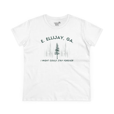 Women's semi-fitted t-shirt by 515 Gear | Ellijay, GA | 'I might could stay forever' forest graphic 