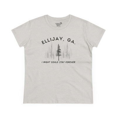 Women's semi-fitted t-shirt by 515 Gear | Ellijay, GA | 'I might could stay forever' forest graphic 