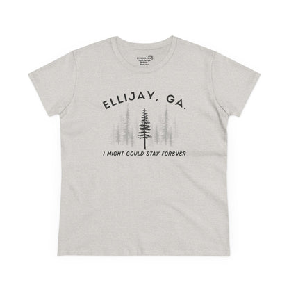 Women's semi-fitted t-shirt by 515 Gear | Ellijay, GA | 'I might could stay forever' forest graphic 