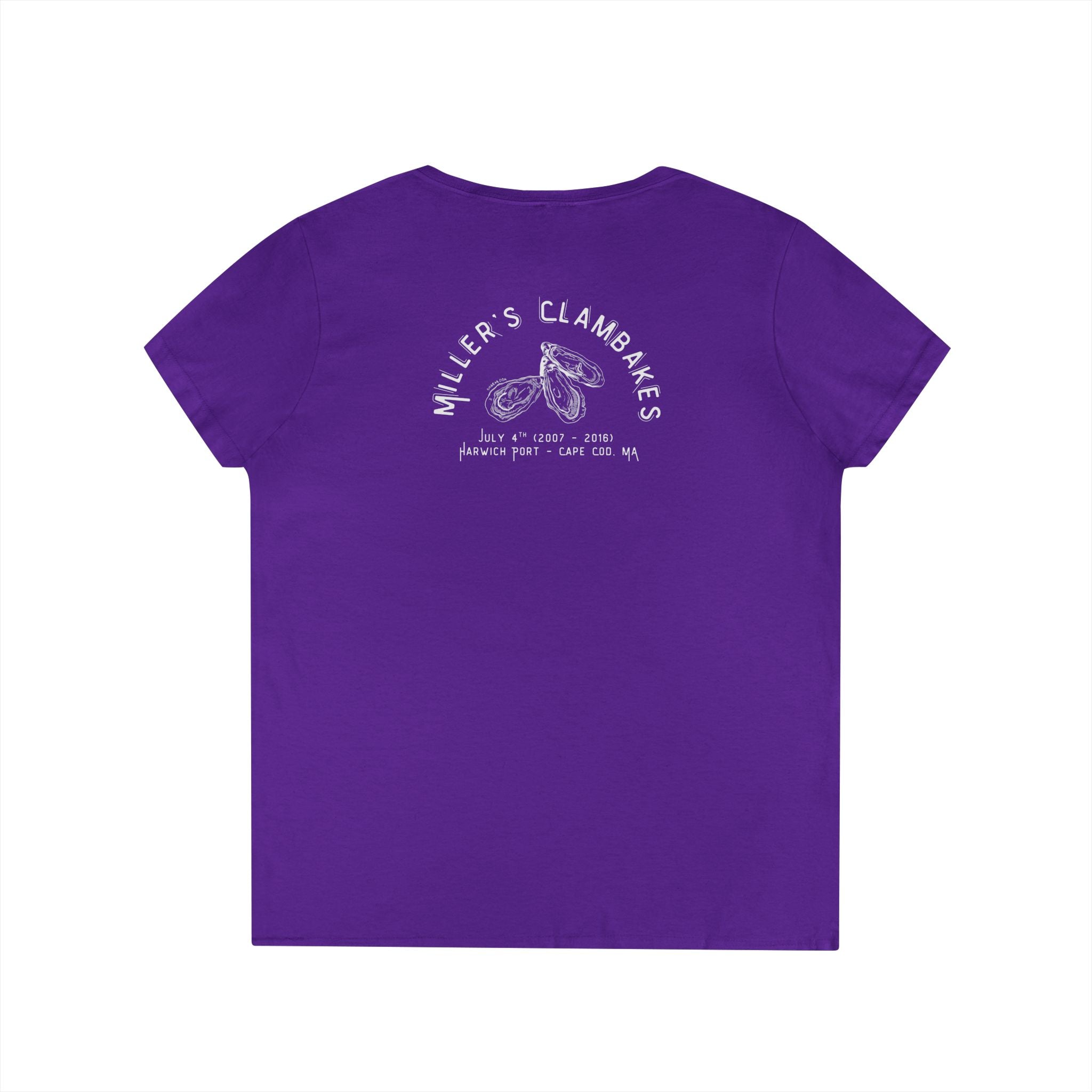 Purple v-neck t-shirt with Oyster shell graphic and text Miller's Clambakes on the back