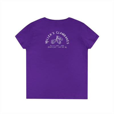 Purple v-neck t-shirt with Oyster shell graphic and text Miller's Clambakes on the back