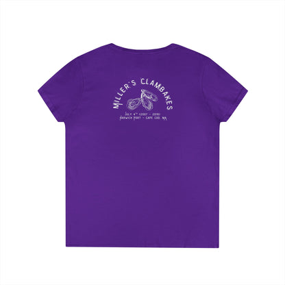 Purple v-neck t-shirt with Oyster shell graphic and text Miller's Clambakes on the back