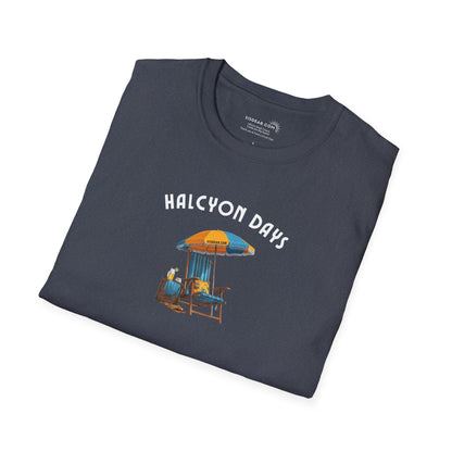 Folded t-shirt with 'Halcyon Days' graphic design on a white background