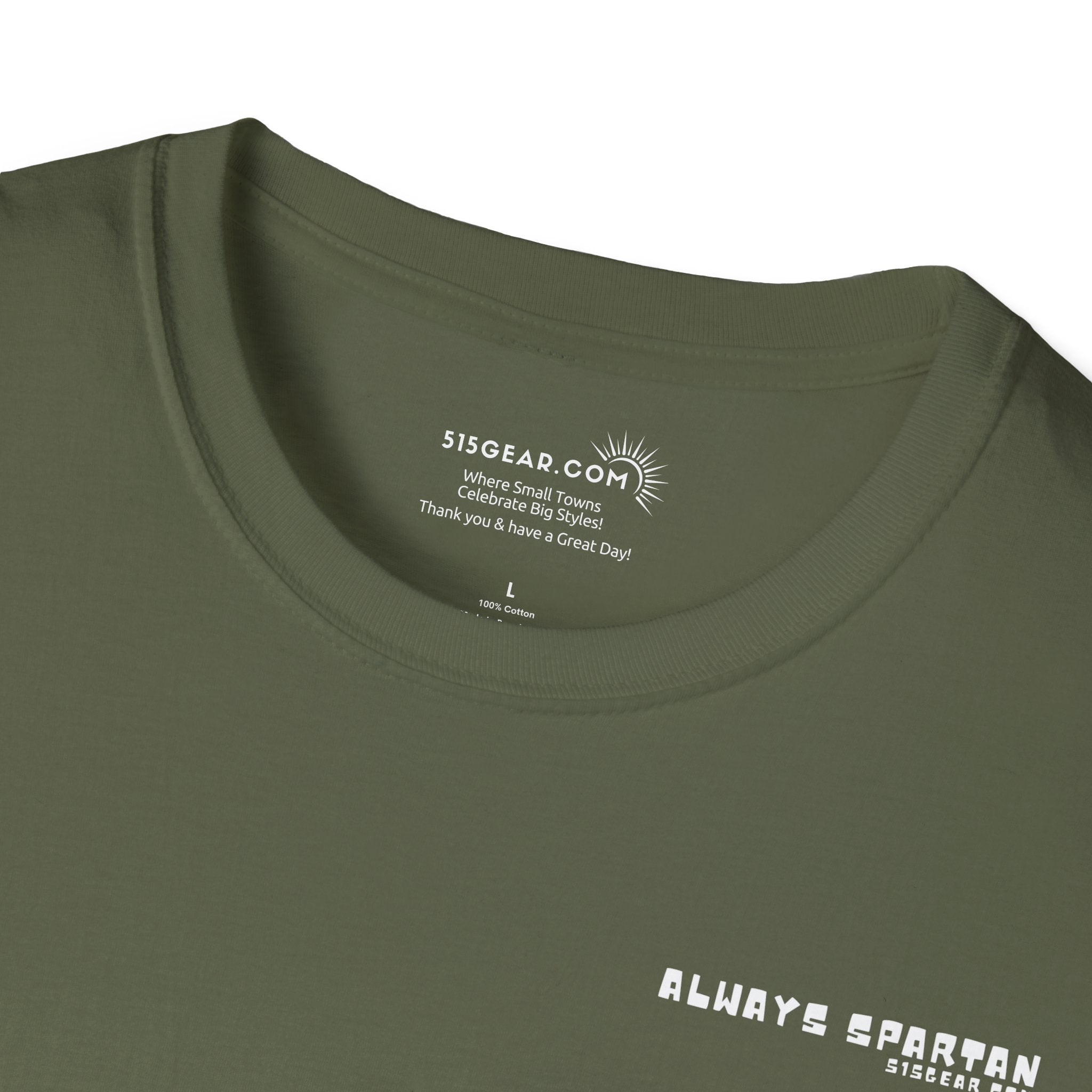 Green t-shirt with '515Gear.com' branding and 'Always Spartan' text on a white background