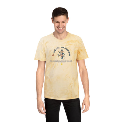 Man wearing a yellow t-shirt with Uncle Sam dancing and text "Red and White, Blue Suede Shoes..." 
