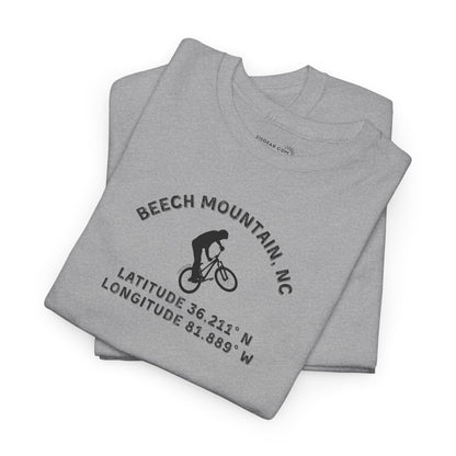 Folded gray t-shirt with mountain bike graphic and text "Beech Mountain, NC" along with Latitude and Longitude" coordinates