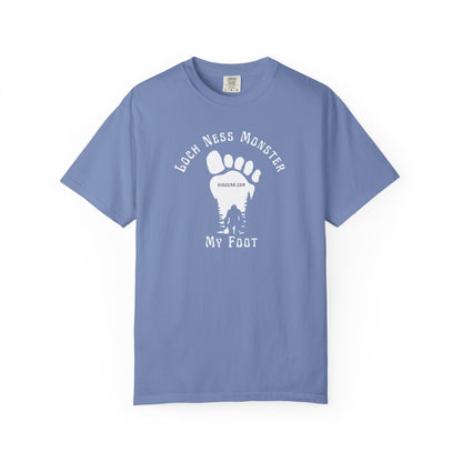 Comfort Colors blue t-shirt with black graphic of a foot with Big Foot inside and text "Loch Ness Monster My Foot" by 515Gear.com