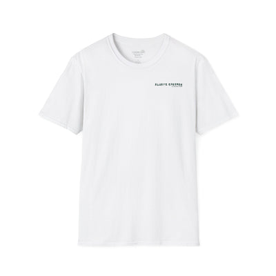 White t-shirt with cartoon Sparty peeing with text Always Spartan