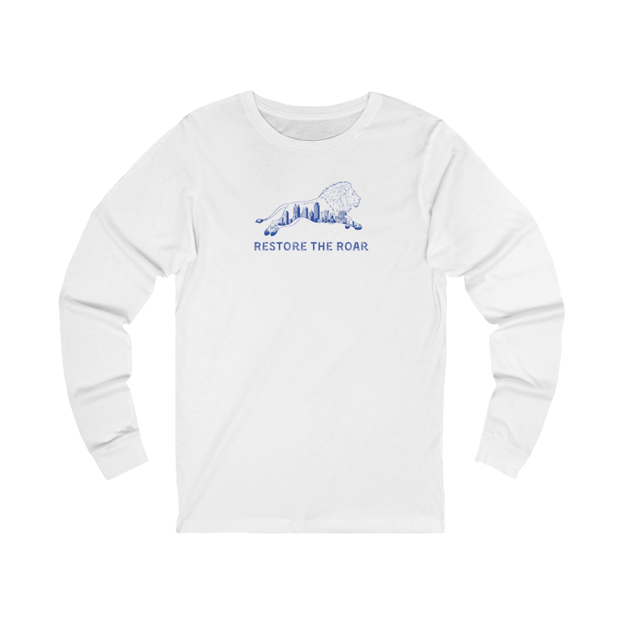 White long-sleeve shirt with a blue graphic and text on a white background