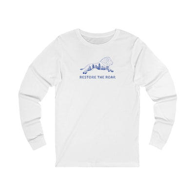 White long-sleeve shirt with a blue graphic and text on a white background