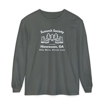 Long-sleeve t-shirt, 'Summit Society Hiawassee, GA Hike More, Stress Less' printed on the front.