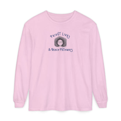 Pink unisex Comfort Colors® long‑sleeve tee with beach graphic and text "Privet Lives & Beach Pathways"