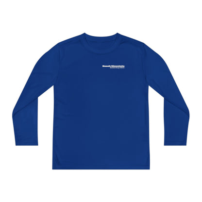 Blue long-sleeve performance tee with text "Beech Mountain, Vertical Drop: 830 ft" on the front