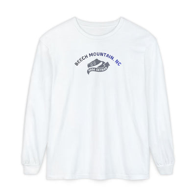 White Comfort Colors long-sleeve t-shirt with 'Beech Mountain, NC - 5506 Skybar' text and mountain lift graphic