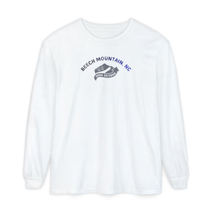White Comfort Colors long-sleeve t-shirt with 'Beech Mountain, NC - 5506 Skybar' text and mountain lift graphic