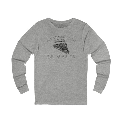 Gray long-sleeve shirt with train graphic and text "All Aboard, Y'all - Blue Ridge, GA" 