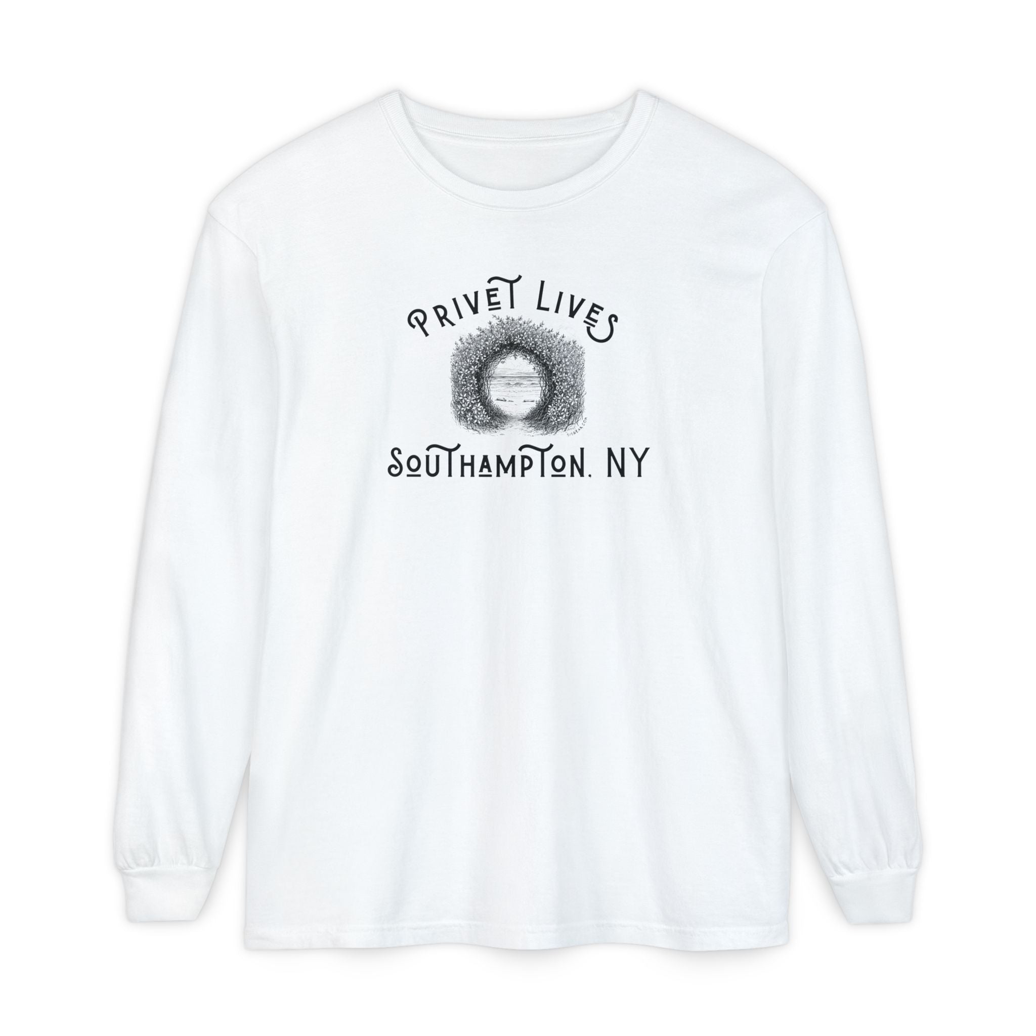 White long-sleeve tee with Privet and Beach Pathway graphic and text "Privet Lives - Southampton, NY"