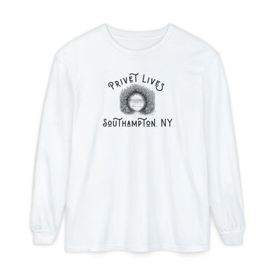 White long-sleeve tee with Privet and Beach Pathway graphic and text "Privet Lives - Southampton, NY"
