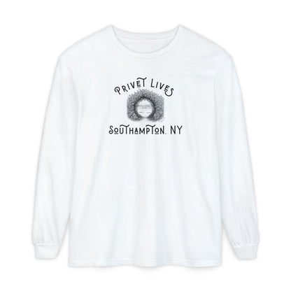 White long-sleeve tee with Privet and Beach Pathway graphic and text "Privet Lives - Southampton, NY"