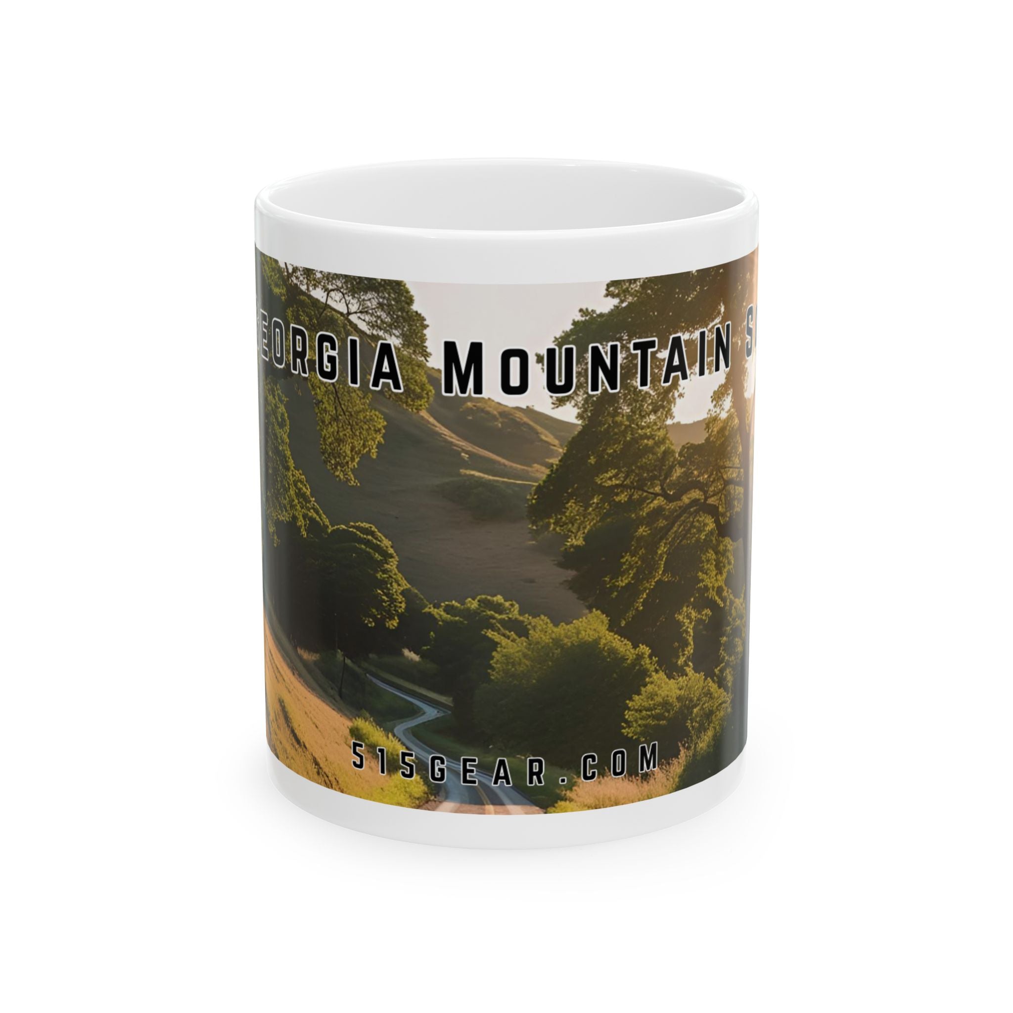 Mug with a vintage scenic design of a rural road at sunrise cutting through the North Georgia Mountains in Summer by 515Gear.com